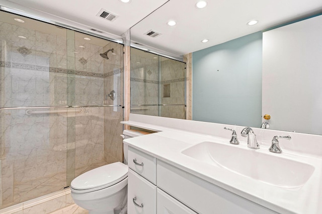 full bath with a stall shower, visible vents, and toilet