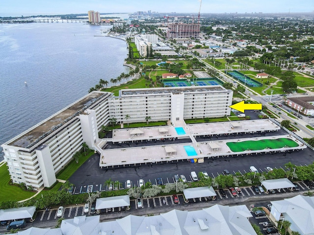 bird's eye view with a water view and a view of city