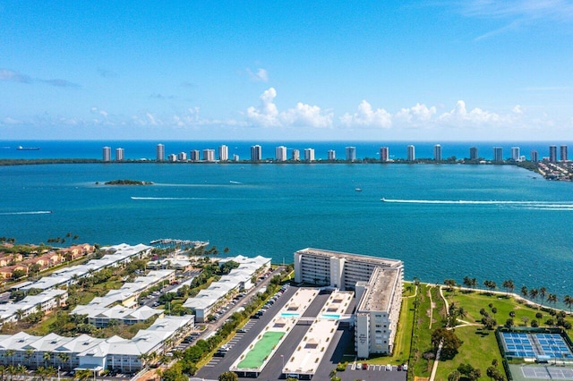 drone / aerial view with a water view