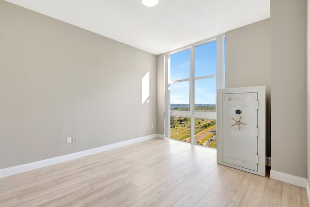 spare room featuring light wood finished floors, baseboards, and floor to ceiling windows