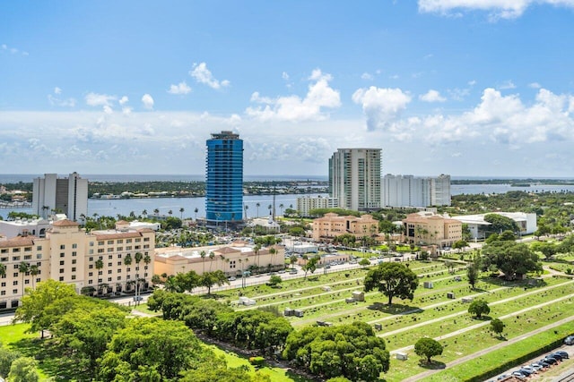 aerial view featuring a water view and a city view