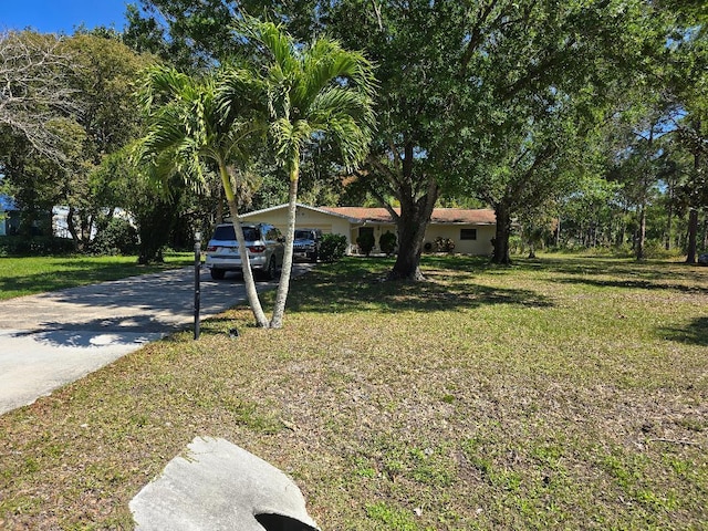 single story home with driveway and a front yard