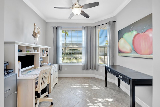 office area with a healthy amount of sunlight, ceiling fan, and ornamental molding