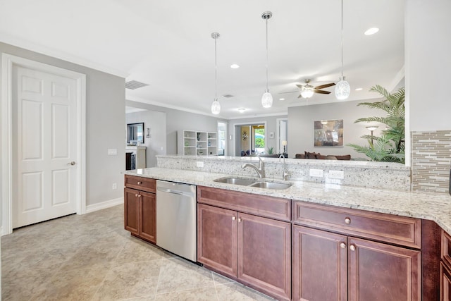 kitchen with visible vents, light stone counters, stainless steel dishwasher, a ceiling fan, and a sink