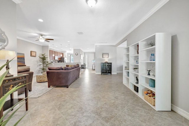 living room featuring ceiling fan, recessed lighting, baseboards, and ornamental molding