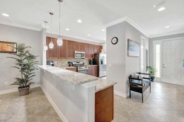 kitchen with light stone counters, brown cabinetry, a peninsula, stainless steel appliances, and tasteful backsplash