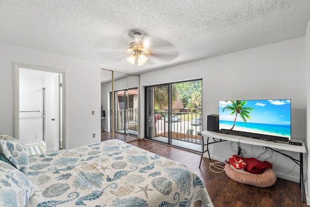 bedroom with access to outside, ceiling fan, a textured ceiling, and wood finished floors