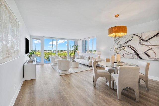 dining space with expansive windows, wood finished floors, and baseboards