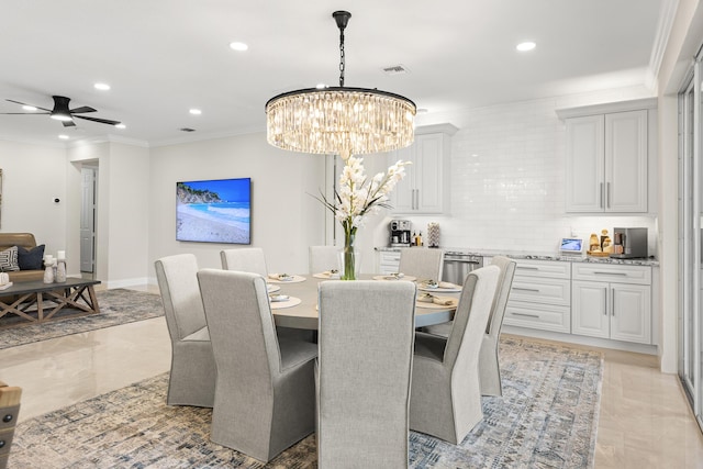 dining space featuring visible vents, recessed lighting, a ceiling fan, and ornamental molding