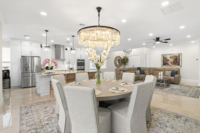 dining room with recessed lighting, visible vents, and ceiling fan with notable chandelier