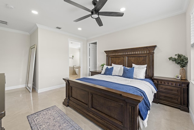 bedroom with visible vents, a ceiling fan, recessed lighting, crown molding, and baseboards