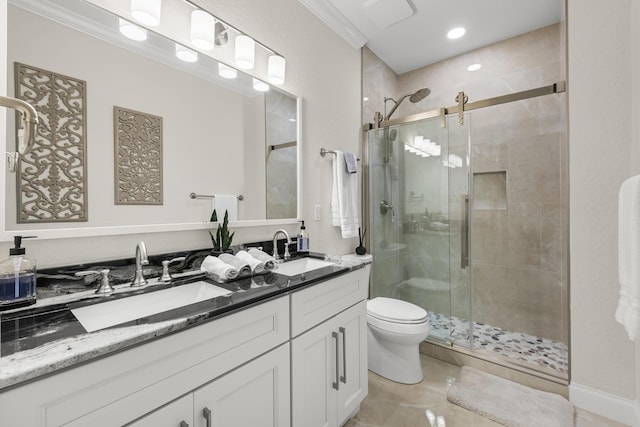 full bathroom featuring a shower stall, toilet, and a sink