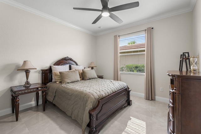 bedroom with baseboards, ornamental molding, and a ceiling fan