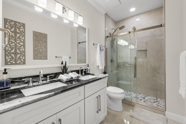 4113 Worlington Ter, Fort Pierce, FL 34947 - full bathroom featuring a stall shower, toilet, double vanity, and recessed lighting