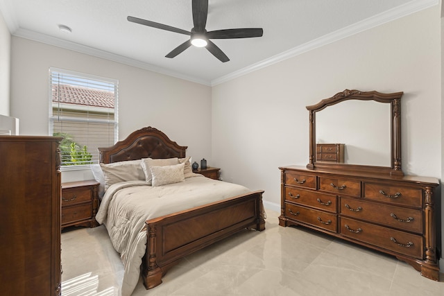 bedroom with baseboards, ceiling fan, and ornamental molding