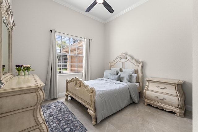 bedroom with baseboards, a ceiling fan, and crown molding