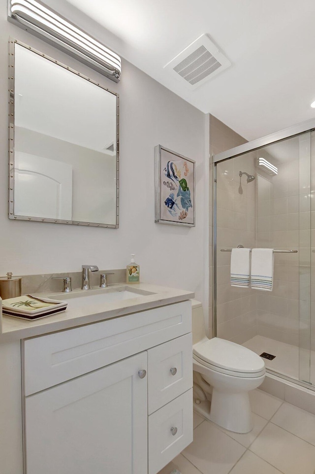 bathroom with visible vents, toilet, tile patterned flooring, vanity, and a shower stall