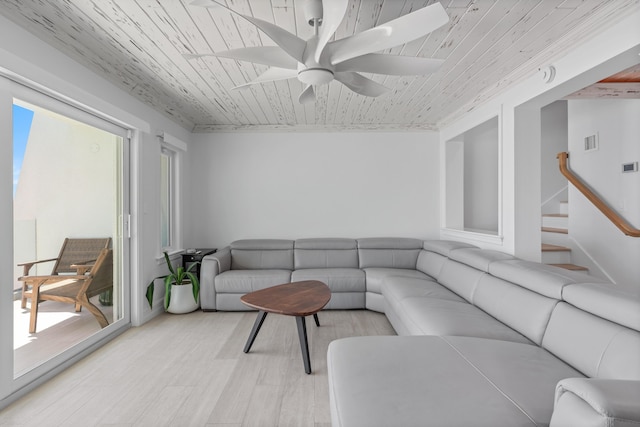 living room featuring wooden ceiling, visible vents, a ceiling fan, stairs, and light wood finished floors