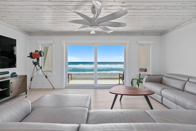 living room with wood ceiling, ceiling fan, baseboards, and wood finished floors