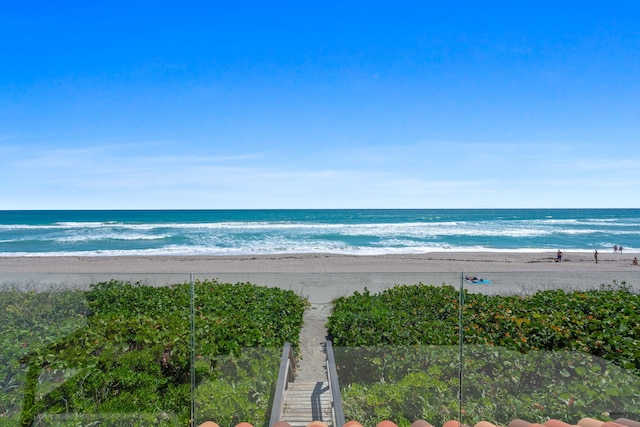 view of water feature with a beach view