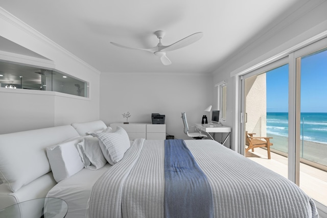 bedroom featuring crown molding, ceiling fan, and access to exterior