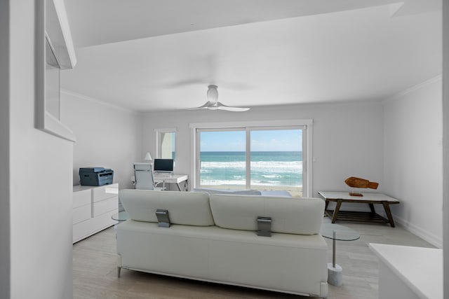 living room with ceiling fan, light wood-type flooring, and crown molding