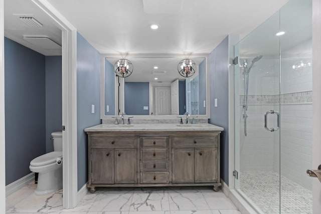 full bathroom with a stall shower, visible vents, marble finish floor, and a sink