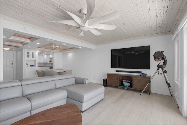 living room with baseboards, wooden ceiling, crown molding, light wood-type flooring, and recessed lighting