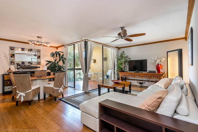 living room featuring hardwood / wood-style flooring, a ceiling fan, and ornamental molding