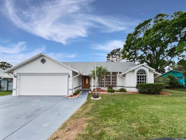 single story home featuring a front lawn, concrete driveway, an attached garage, and stucco siding