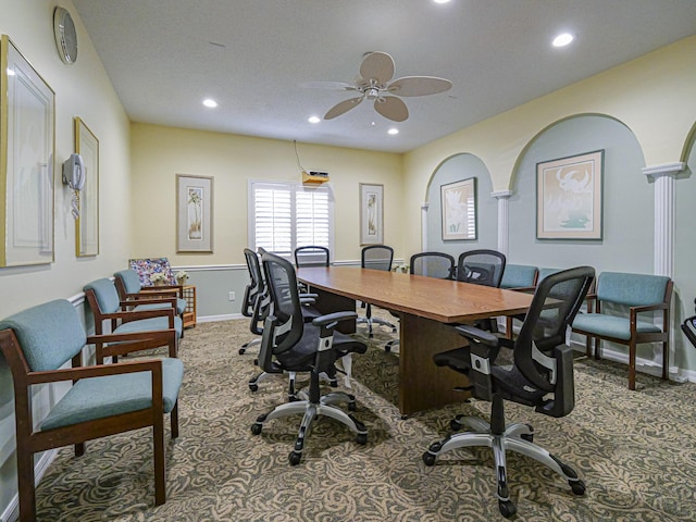 carpeted office featuring recessed lighting and baseboards