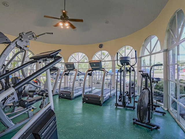 exercise room with ceiling fan