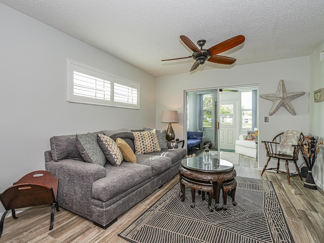 living area featuring a ceiling fan, a textured ceiling, and wood finished floors