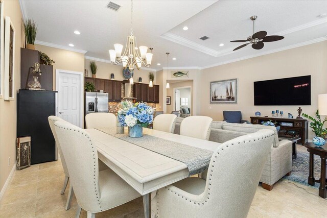 dining room with recessed lighting, visible vents, crown molding, and light tile patterned flooring