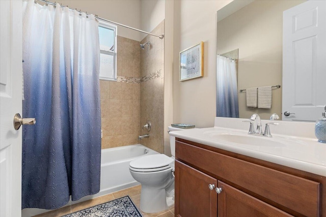 full bath featuring shower / bath combination with curtain, vanity, toilet, and tile patterned floors