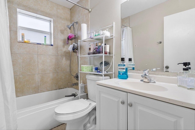 full bath with vanity, shower / bath combination with curtain, and toilet