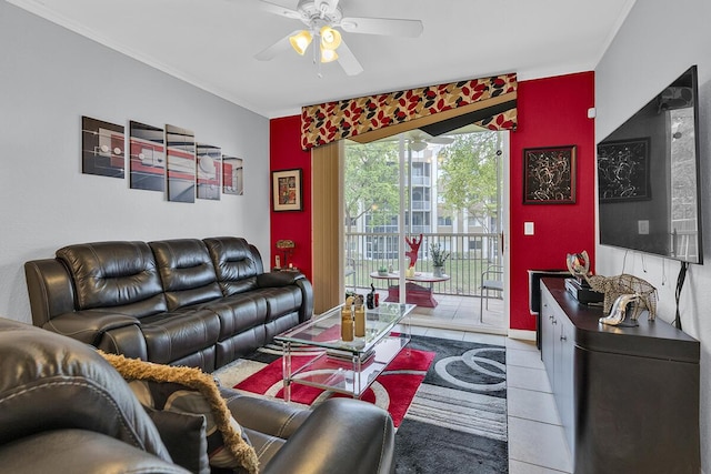 tiled living room with a ceiling fan and crown molding