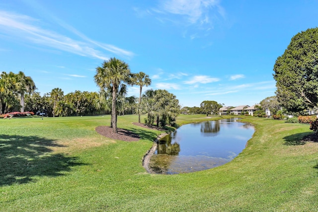 view of community with a water view and a lawn