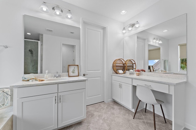 full bath with visible vents, recessed lighting, a stall shower, tile patterned floors, and vanity