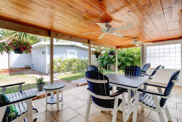 view of patio / terrace featuring outdoor dining space, an outdoor structure, a ceiling fan, a storage shed, and fence