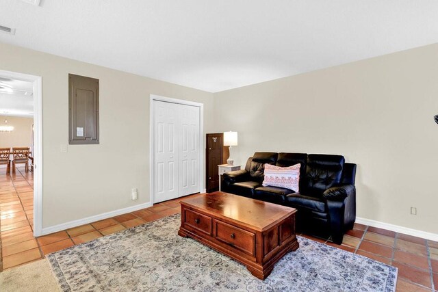 tiled living area featuring visible vents, baseboards, and electric panel