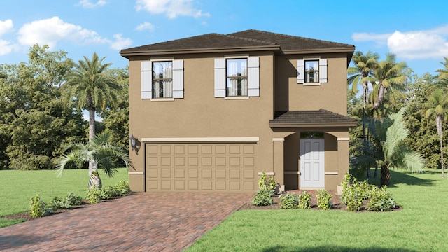 view of front of house featuring an attached garage, a front lawn, decorative driveway, and stucco siding