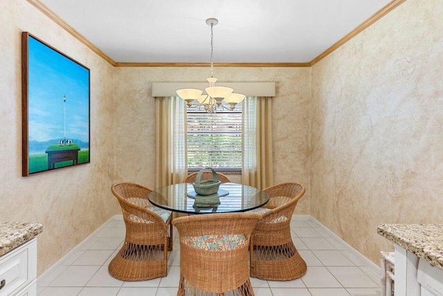 dining space featuring a chandelier, light tile patterned floors, baseboards, and ornamental molding