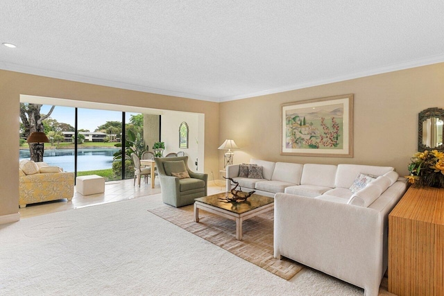 tiled living room featuring carpet floors, a textured ceiling, and crown molding