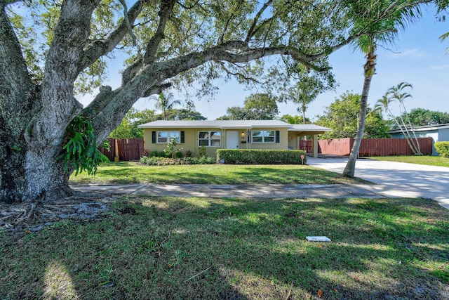 single story home with fence, concrete driveway, stucco siding, a carport, and a front lawn