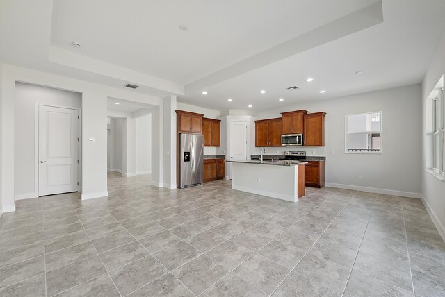 full bathroom featuring a stall shower, tile patterned flooring, vanity, and recessed lighting