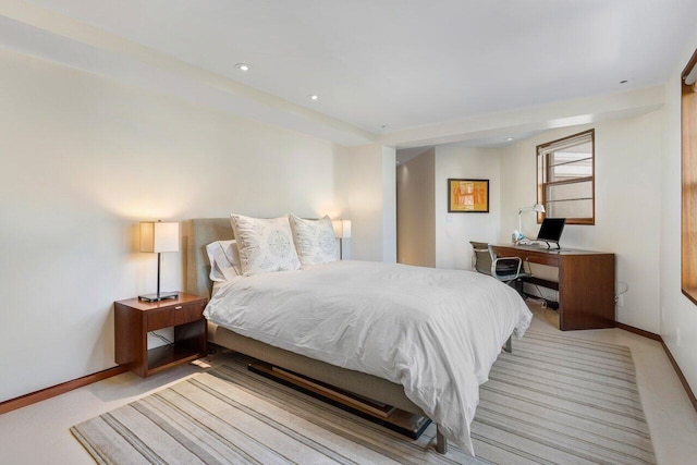 bedroom featuring recessed lighting, baseboards, and carpet floors