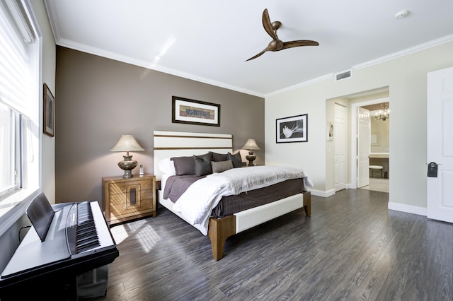 bedroom featuring visible vents, baseboards, ornamental molding, and dark wood-style flooring