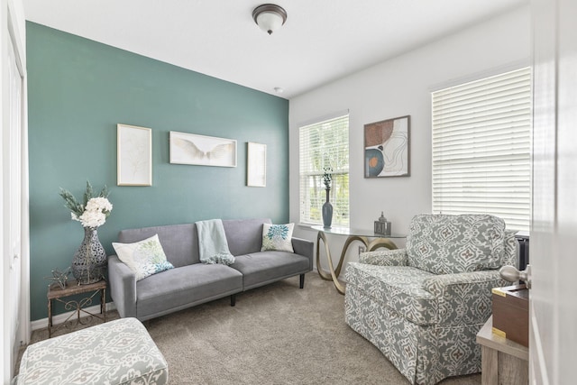 living room featuring carpet floors and baseboards