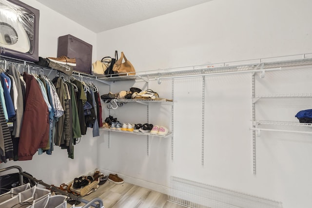 walk in closet with wood finished floors